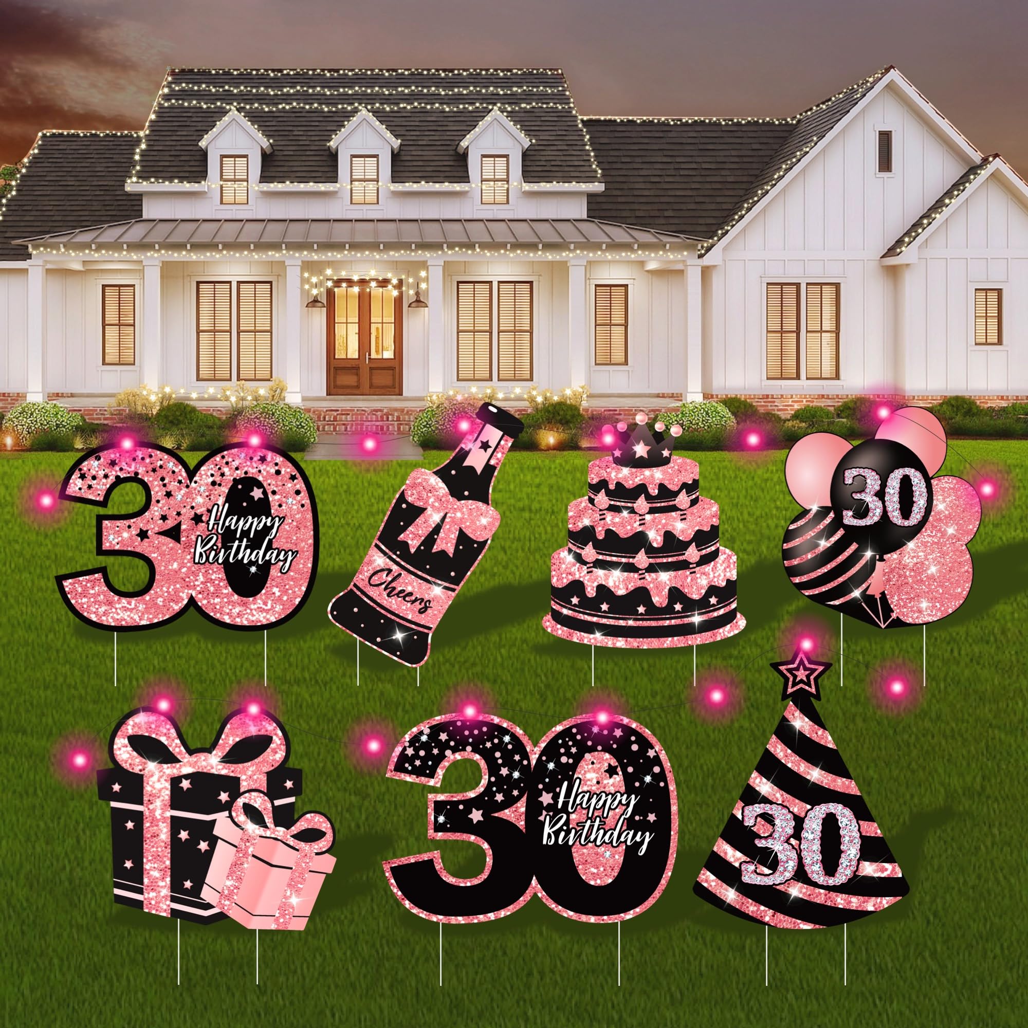 30th Birthday Decorations for Her - 7 Pcs Birthday Yard Signs with Stakes, LED L