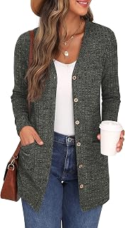 GRECERELLE Women's Long Cardigan Long Sleeve Elegant Comfortable Front Opening Buttons Pockets Sweater Lightweight V-Neck