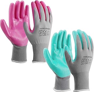 HAUSHOF 6 Pairs Garden Gloves for Women, Nitrile Coated Working Gloves, for Gardening, Restoration Work, Pink & Green, M