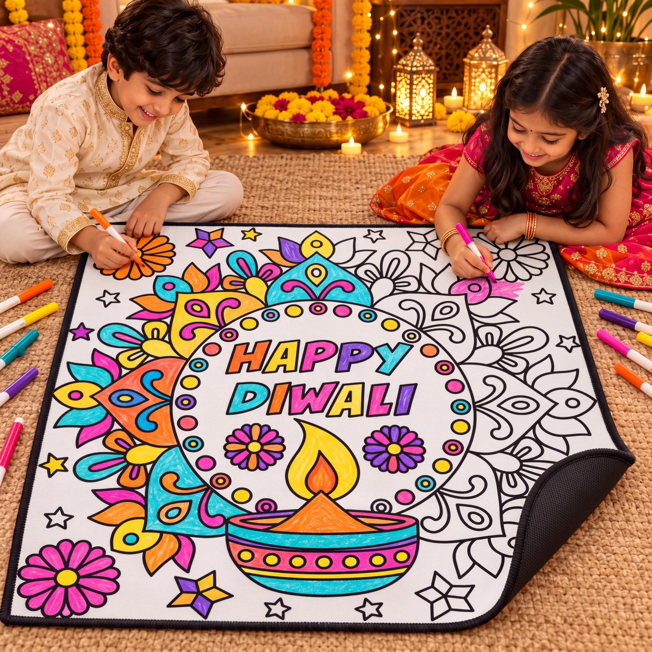 YooNotee Diwali Rangoli Giant Coloring Mat, DIY Diwali Gift for Kids | 31.5" x 3