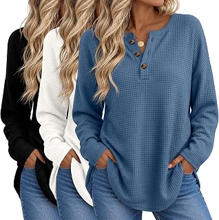 Huukeay 3Pcs Women Waffle Oversized Shirt Henley Long Sleeve Top