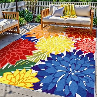 Outdoor Rug Waterproof, Washable Patio Rug for Deck, 5x8, Colorful | UV Resistant Chenille Fabric, Stain Resistant, Non Slip, Tropical Camping Carpet for Porch, Backyard