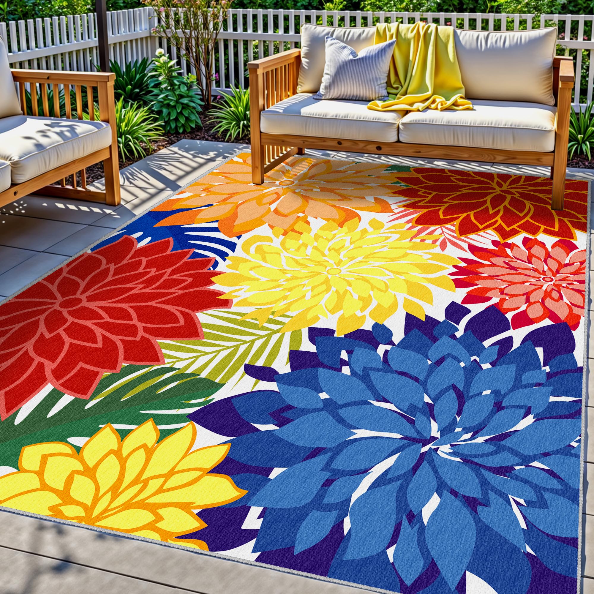 Outdoor Rug Waterproof, Washable Patio Rug for Deck, 5x8, Colorful | UV Resistan