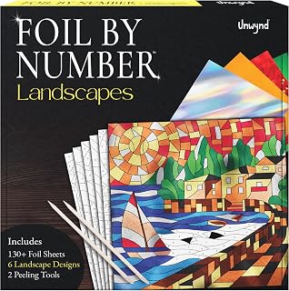 Unwynd Foil/Paint by Number Art &amp; Craft Kit,Fun Adult,Women,Teen(Landscape) | 6 thick Board, 80 foil sheets, fixative, sticker supplies diy hobbies kids, girls, ages 9-12, ladies, fun gifts for seniors