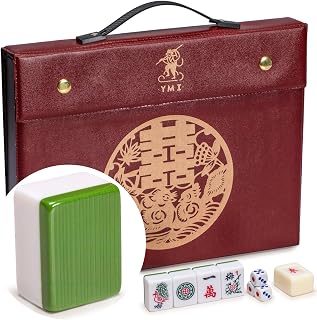 YMI Rouge Heritage Chinese Mahjong Set, 146 Tiles | 146 engraved melamine tiles with green bamboo stripe design, red vinyl case, dice, wind indicator, 9.4 lbs. Chinese only.