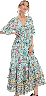 R.Vivimos Womens Summer Cotton Short Sleeve V Neck Floral Print Casual Bohemian Midi Dresses
