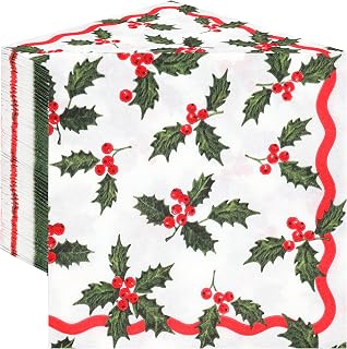 Talking Tables 100 x Christmas Napkins Paper Xmas Disposable Serviettes with Holly and Berries - Family Friendly Festive Tableware Decorations Red and White and Green 2ply 33cm