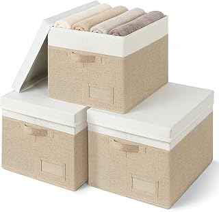 GRANNY SAYS Extra Large Storage Boxes with Lids, Pack of 3 Wardrobe Storage Box with Lid, Wardrobe Bins Organisers, Clothes Baskets for Shelves, Foldable Box for Bedroom Organising Toys, Khaki
