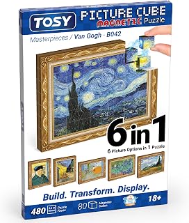 TOSY Picture Cube Van Gogh: 6-in-1 Magnetic Picture Puzzle, 80 Blocks, 480 Puzzle Faces, 0.63 in, B042, Seamless UV Art, Display-Ready Frame, Collectible, STEM/STEAM Gift for Kids & Adults