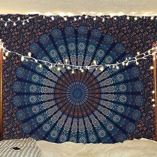 Bless International-Organic-Cotton-Blue-Green-Handmade-Mandala-Tapestry | King-225x265Cms-88x104" Indian-Hippie-Bohemian-Psychedelic-Peacock-Wall-Hanging College-Dorm-Beach-Throw-Table-Cloth-Bedding