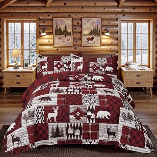 Tritard 3 Piece Christmas Plaid Quilt Sets King Size Bedding Set, Red Bear