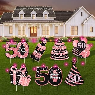 50th Birthday Decorations for Women - 7 Pcs Birthday Yard Signs with Stakes, LED Lights & Double-Sided Tape | Happy 50th Decor | Outdoor/Indoor Party Favors, Photo Props & Lawn Decorations