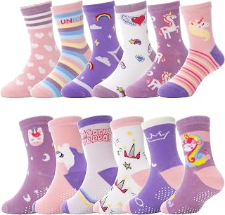 ANTSANG Baby Girls Toddlers Grips Socks, Kids Unicorn Crew Cotton Socks