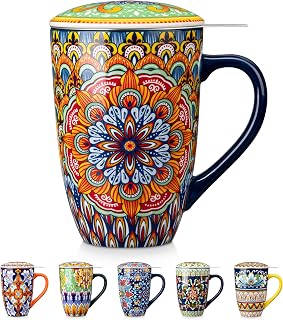 vancasso Ceramic Tea Mug with Infuser and Lid, 18 Ounce Bohemian Loose Leaf Cup, Microwave & Dishwasher Safe, Perfect for Tea, Coffee, Burnt-Cobalt Mandala
