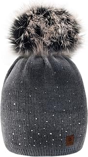morefaz MFAZ Ltd Women's Crystal Beanie Hat Crystal Large Pom Pom Winter Warm Fleece Lined Hat