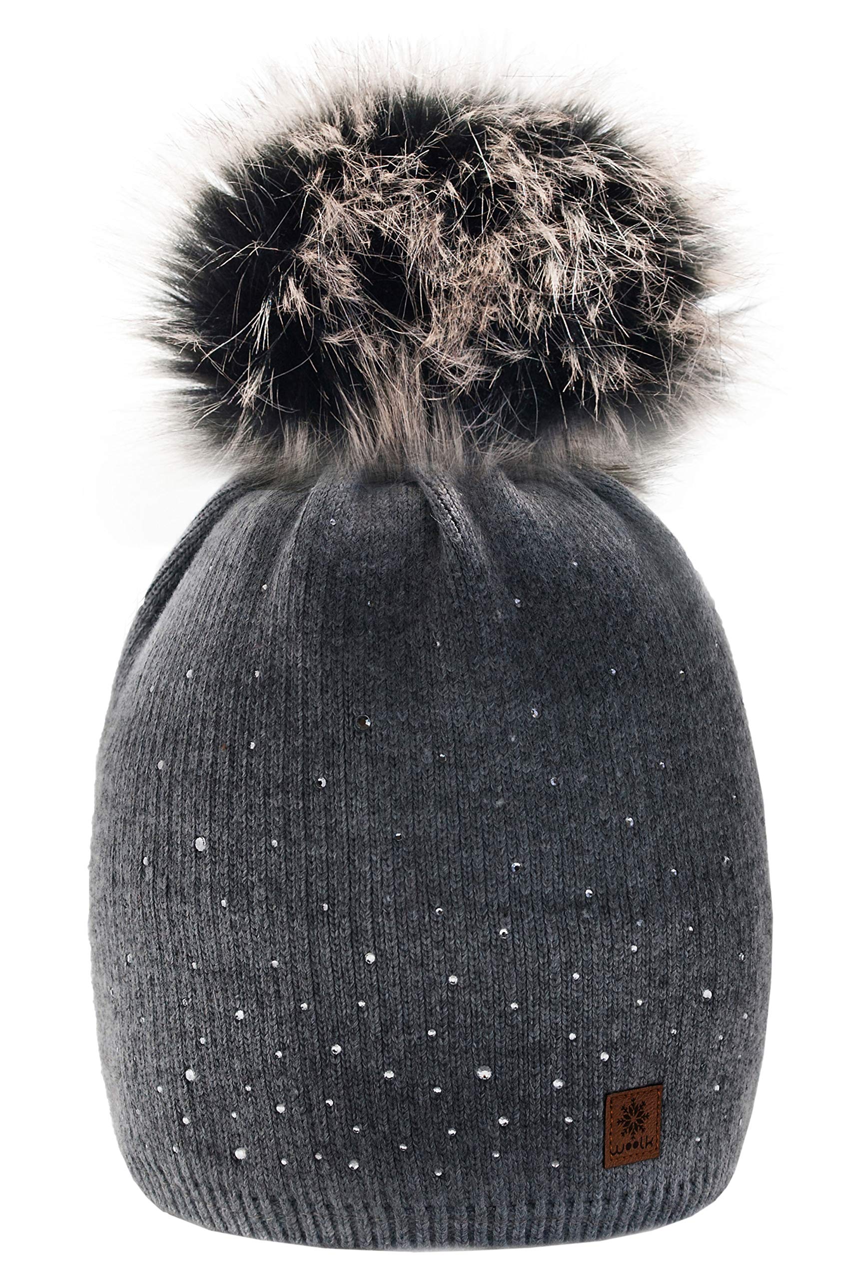 morefaz MFAZ Ltd Women's Crystal Beanie Hat Crystal Large Pom Pom Winter Warm Fl