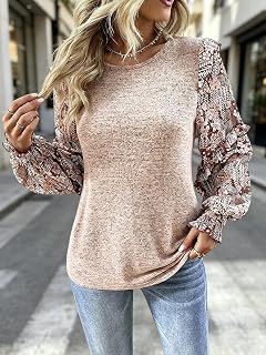 Womens Crew Neck Floral Ruffle Long Sleeve Top Fashion Casual Loose Fit Vacation Blouse