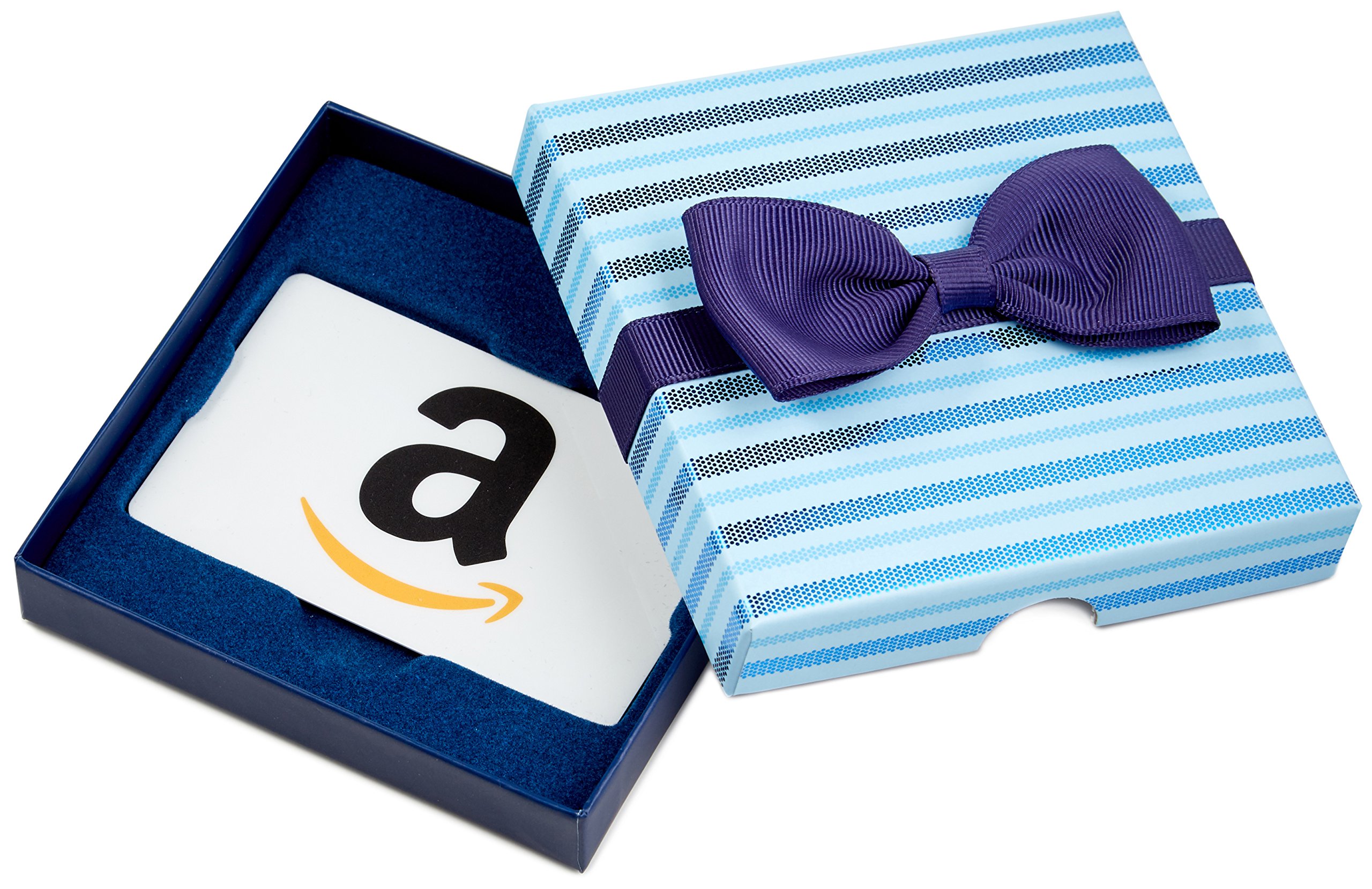 Amazon Physical Gift Card in a Blue Bow Tie Box
