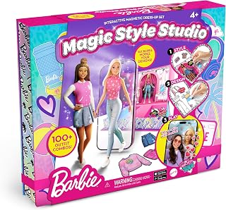 Barbie Magic Style Studio- Magnetic AR Dress Up Dolls Fashion Kit, Gift 4+ | 20+ Mix & Match Pieces, Travel Case, Snap Selfies w/Malibu & Brooklyn, Paper Dolls Alternative For Girls, Non-Toxic Markers