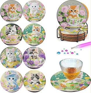 8PCS Cat Diamond Art Coaster Kits for Adults, DIY Cat Diamond Painting Coaster with Holder, Non Slip Hardwood Bases Coaster Set Gift for Beginners 4x4 Inch