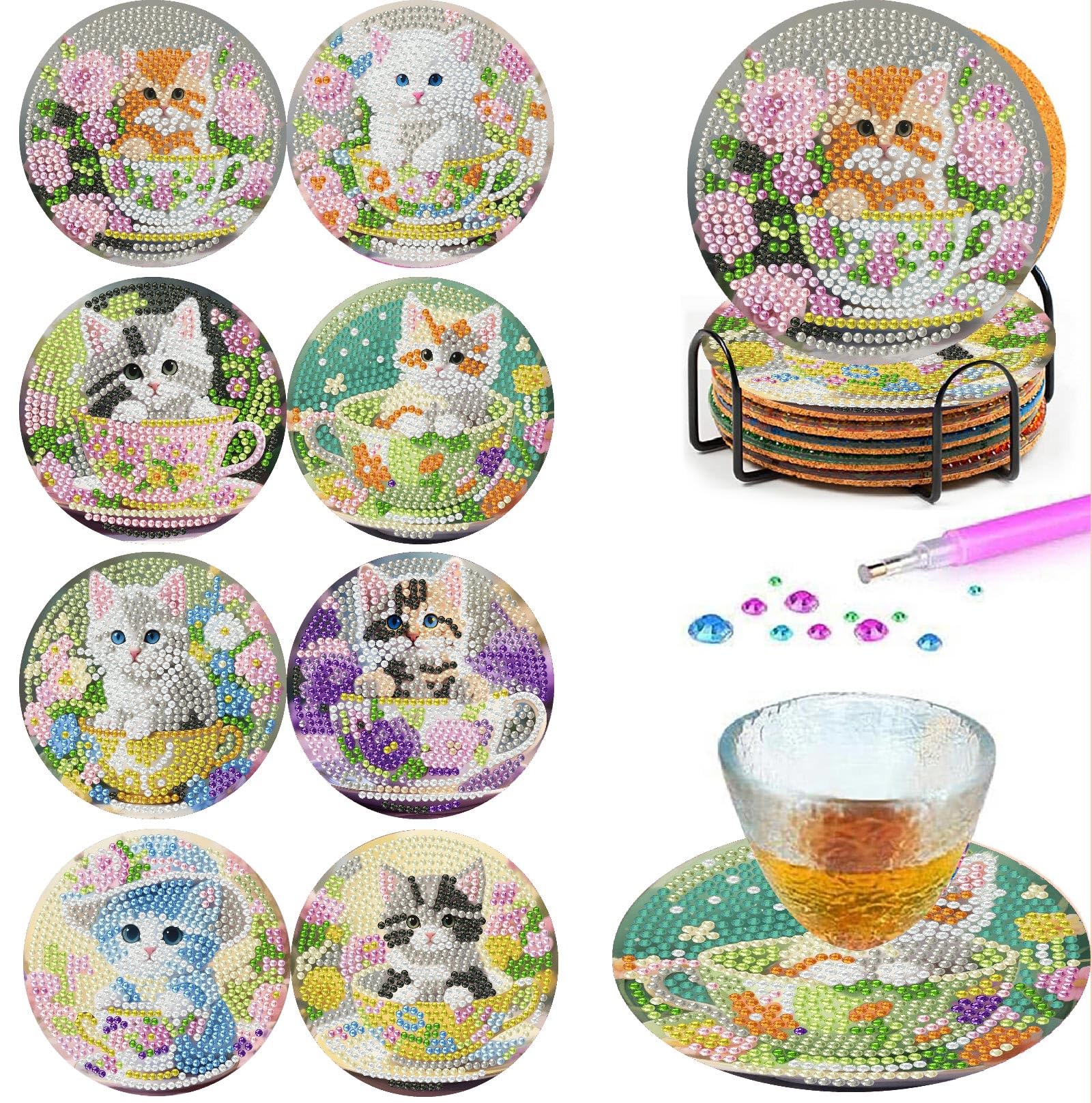 8PCS Cat Diamond Art Coaster Kits for Adults, DIY Cat Diamond Painting Coaster w