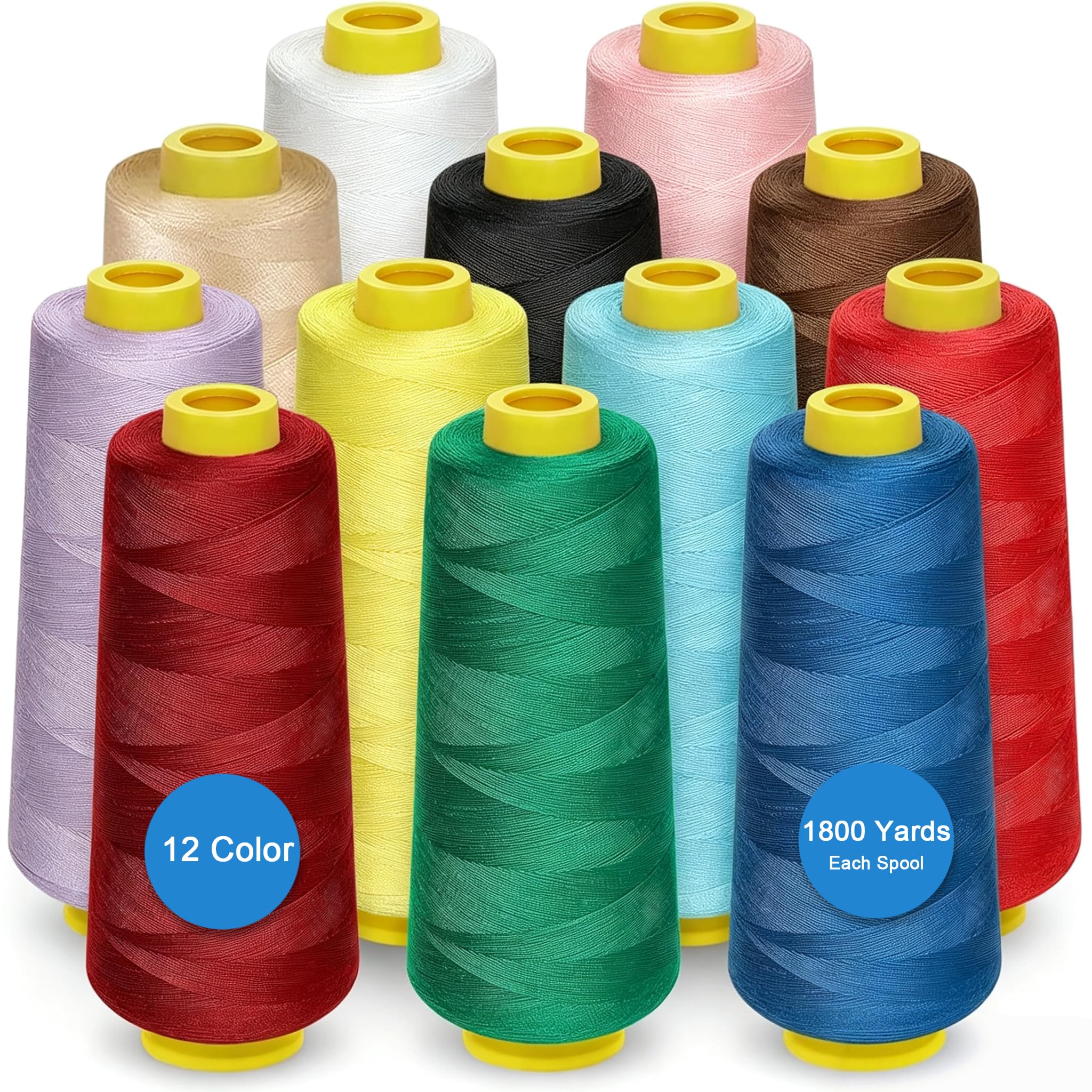 12 Pack 1800 Yards Serger Thread Cones, Each Spool,Sewing Thread | 40s/2 Color P