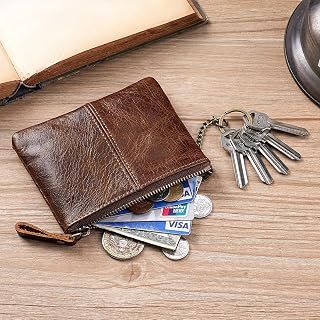 Leather Coin Purse Wallet First Layer Oil Wax Small Storage Bag Card Change Bag with Key Chain Zipper Bag for Men Women, Colour B., Retro Style