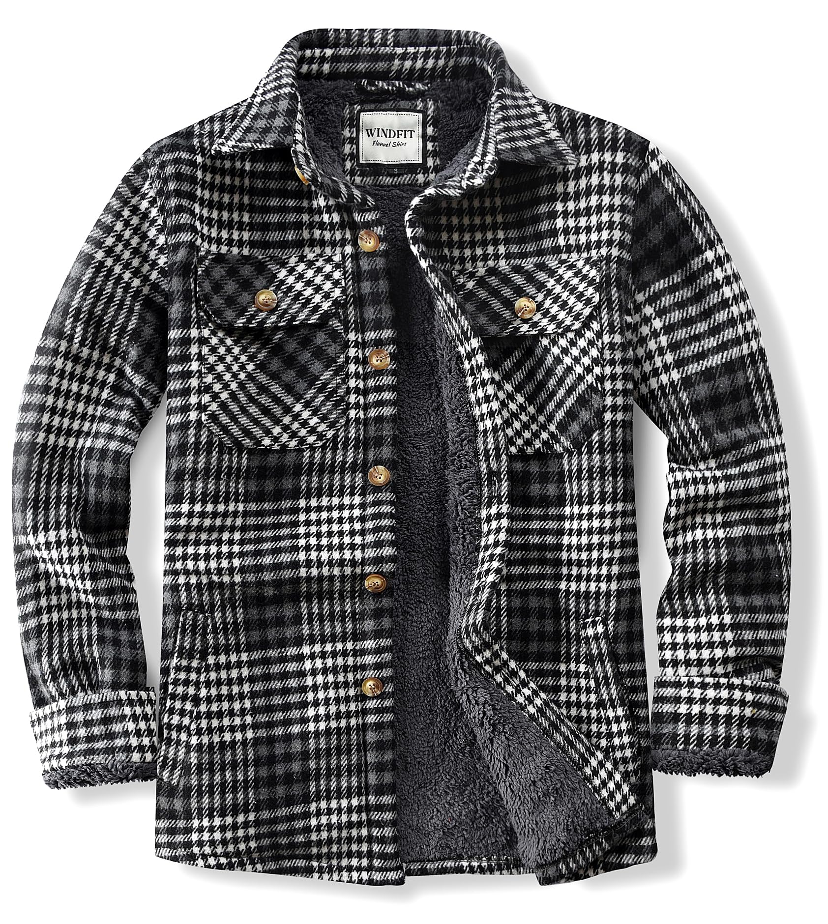 WINDFIT Men's Cotton Sherpa Button Down Flannel Shirt Jacket Plaid Shirt