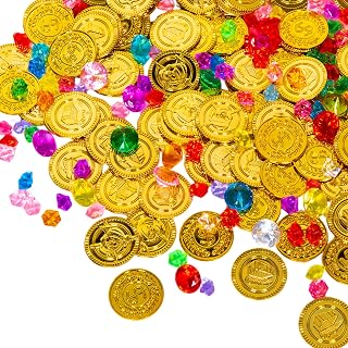Liatunou 100 Pieces Gold Coins and 100 Pieces Gem Jewelry Fake Gold Coins for Pirate Treasure Party Decor Halloween Adventure Themed Event Party Supplies