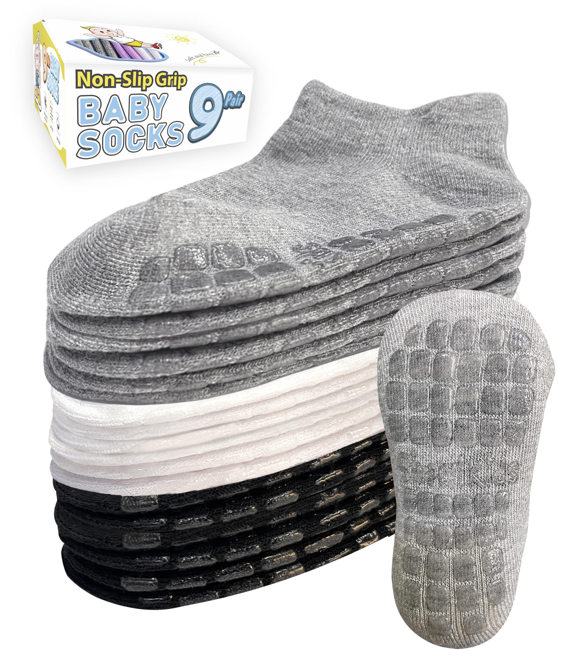 Simply Kids Toddler Socks with Grippers (9 Pair) for 0 Months - 7 Years Old I An