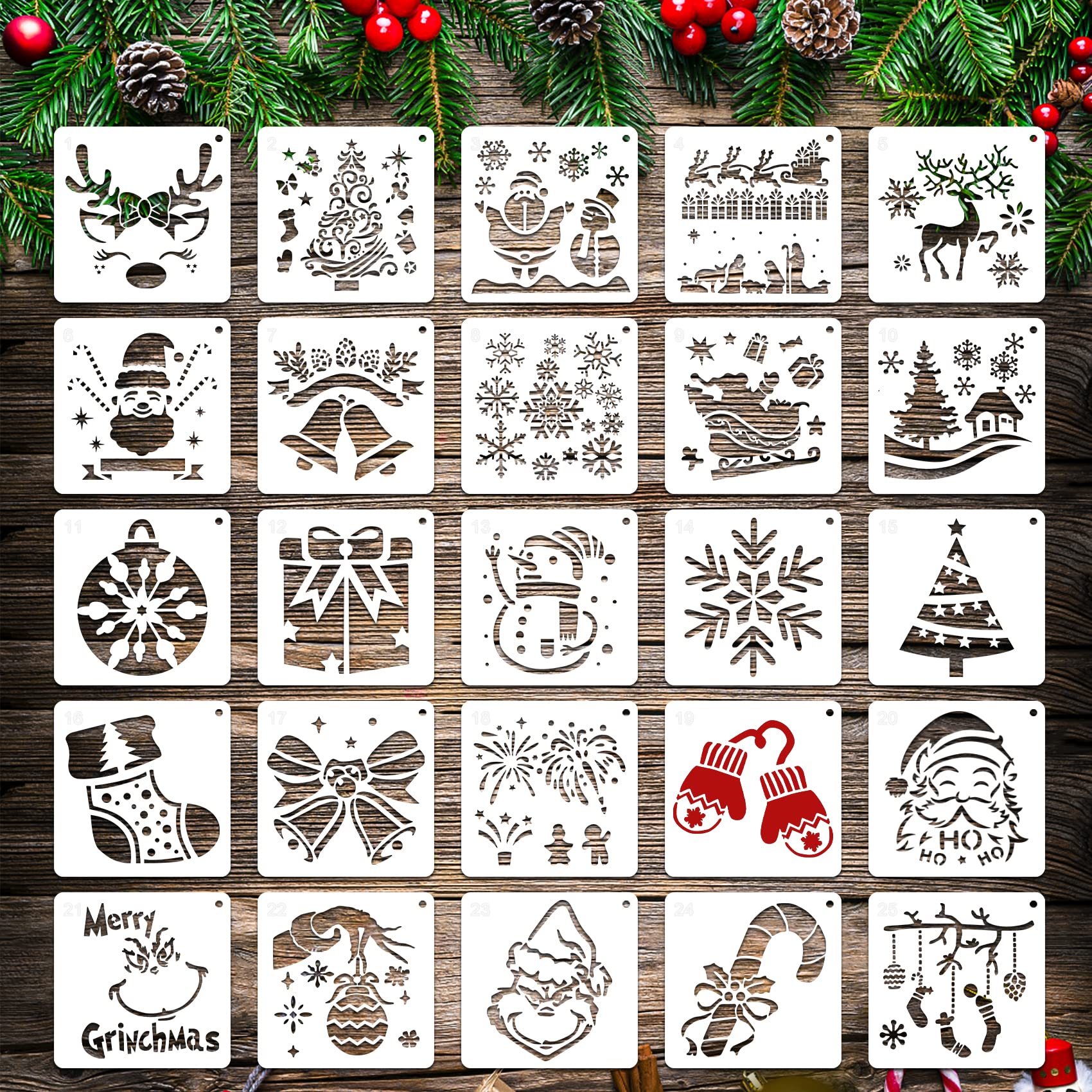 25 Pcs Christmas Stencils Reusable, 6x6 inch Christmas Stencils for Painting on 