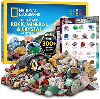 National Geographic Rock Collection with 300+ Gemstones and Minerals | Genuine Rocks, Minerals & Crystals, 2 Break-Open Geodes, Magnifying Glass, Storage Bag, Geology Gift, Birthday Gift