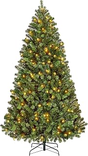 Yaheetech 6ft Pre-lit Christmas Tree with 300 Warm White Lights, Green | Prelighted Spruce Christmas Tree for Home Party Decoration with 300 Warm White Lights and 818 Branch Tips, Foldable Stand.