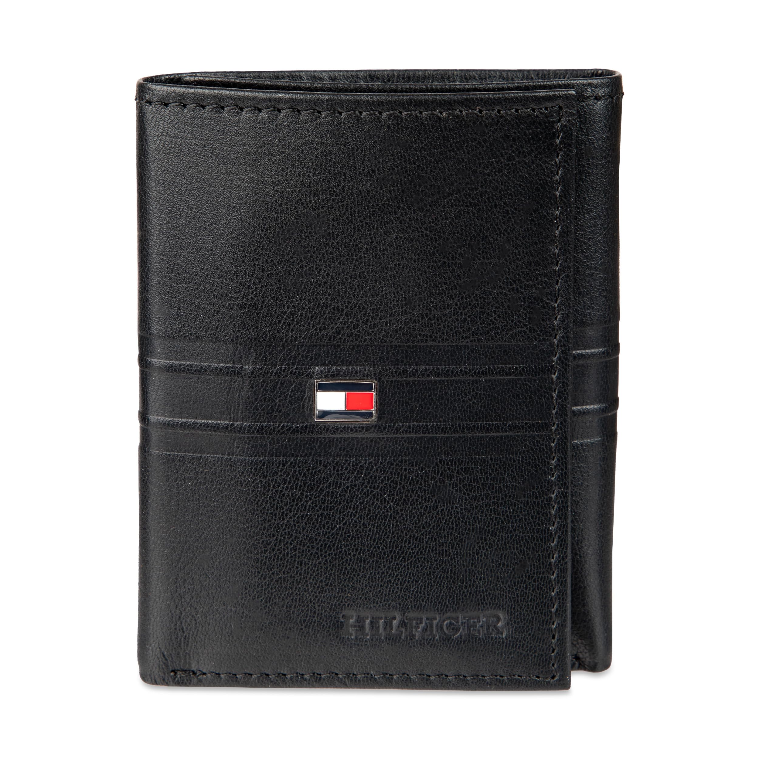 Tommy Hilfiger Mens Triple Wallet Black Stripe Embossed One Size Triple Leather 