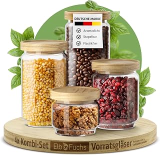 ElbFuchs® Set of 4 Borosilicate Glass Jars with Lids in Different Sizes (4 Pieces) Made of Borosilicate Glass, Airtight Jars, Set of Containers for Spices and Food