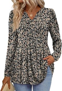 WIHOLL Haut à manches longues pour femme - Nuisette péplum pour femme - Tunique habillée et décontractée avec col en V