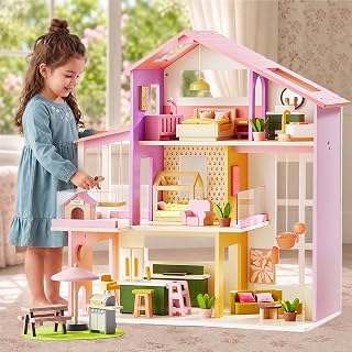 Tiny Land Wooden Doll House, Modern Family Dollhouse with Realistic Design | 7 Rooms Dollhouse with 49 PCS Accessories, Montessori Pretend Play Toddler Toy, Ideal Gift for Kids Ages 3+, Pink