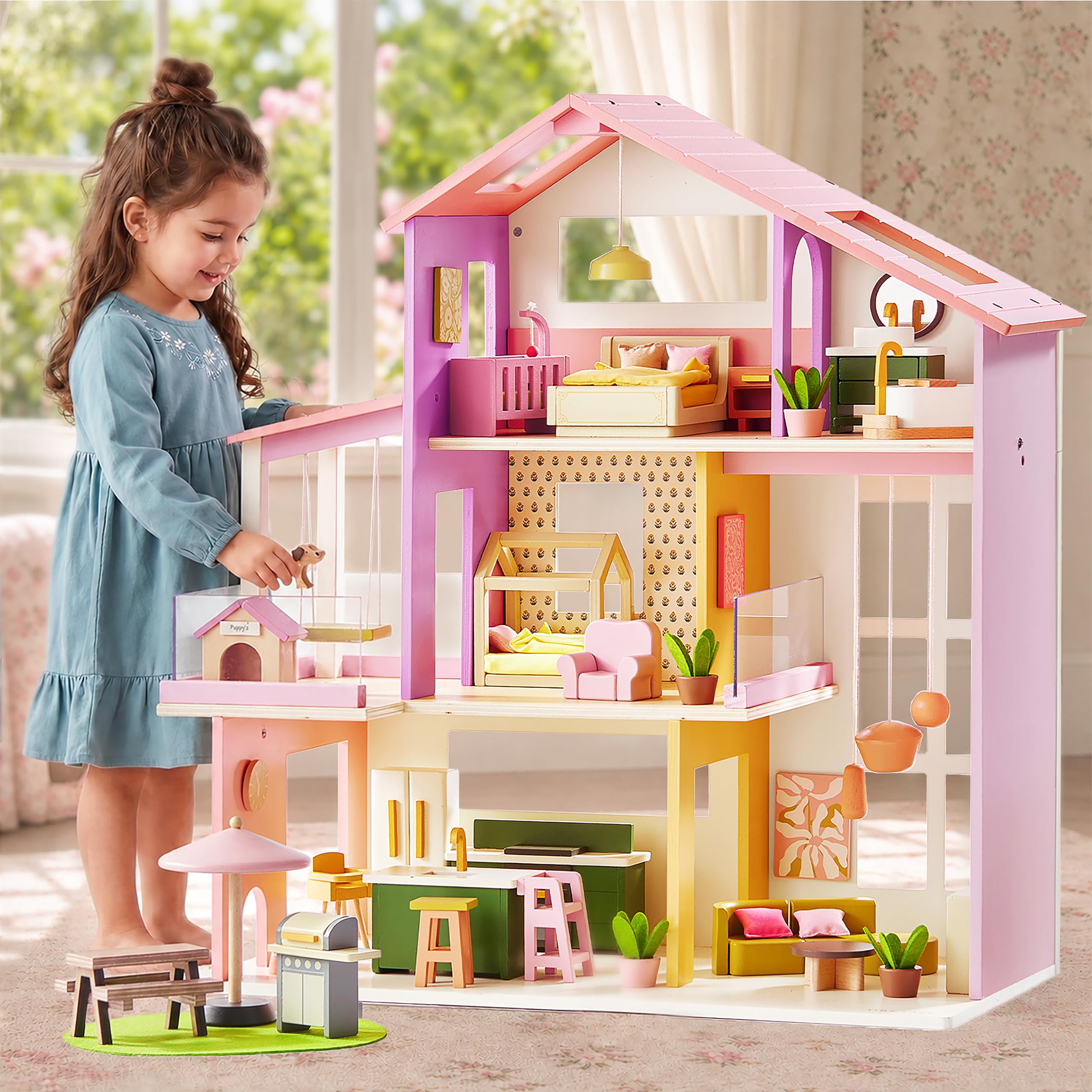 Tiny Land Wooden Doll House, Modern Family Dollhouse with Realistic Design | 7 R