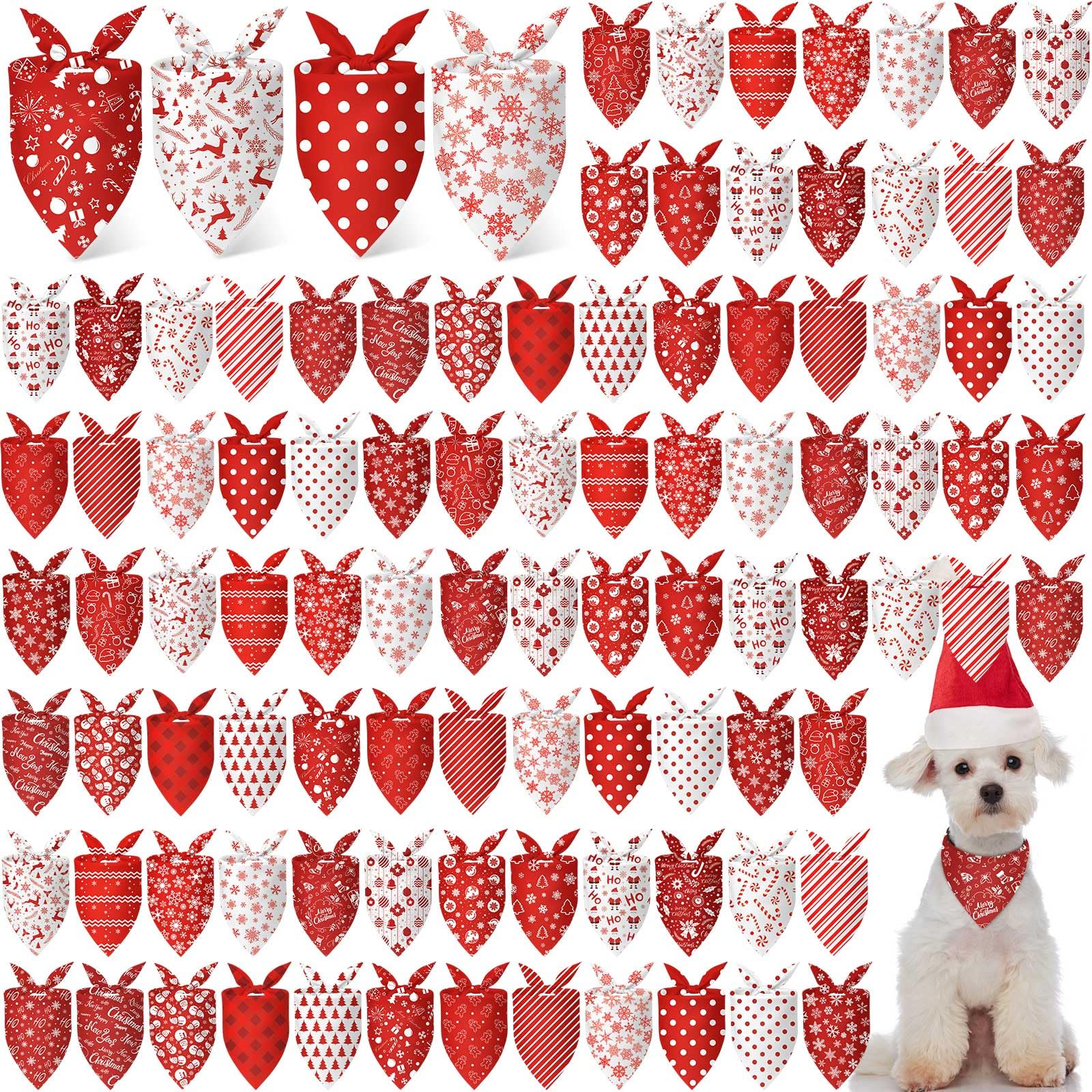 Chunful 100 Pieces Christmas Dog Bandanas Bulk Red and White Xmas Bandanas for D