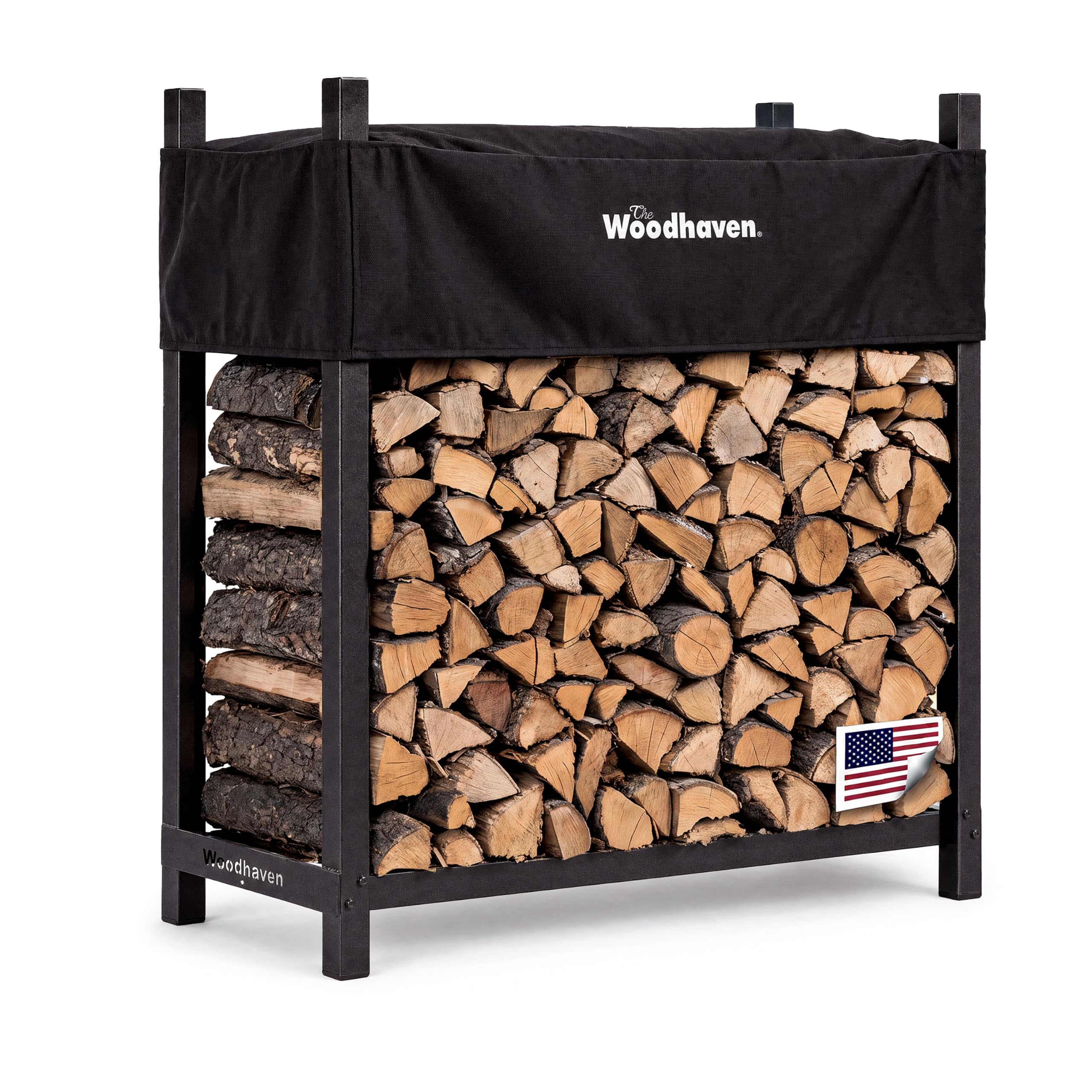 Woodhaven 4-Foot Raised Firewood Rack Black w/Cover, 1/4 Cord|Made in USA | Heav