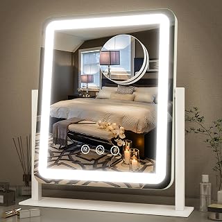 FENNIO Vanity Mirror with Lights - 15"x12.6" LED Lighted Makeup Mirror, Large Makeup Mirror with Lights, Touch Screen with 3-Color Lighting, Dimmable, for Vanity Desk Tabletop, Bedroom