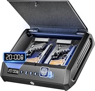 TOPMEDA Large Biometric Gun Safe for Pistols, 100 Sets of Fingerprint Handgun Safe with Internal Light & Silent Mode, Gun Lock Box for Home Bedroom Bedside Nightstand and Car, AA batteries