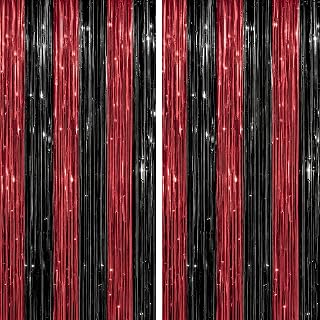 DECOCKRAT 2 Pack Foil Fringe Backdrop - Red&Black Shiny Tinsel Curtains for Party Decoration/Photo Booth Props - 3.3x6.6 FT Metallic Foil Backdrop for Birthday, Wedding, Graduation, Christmas.