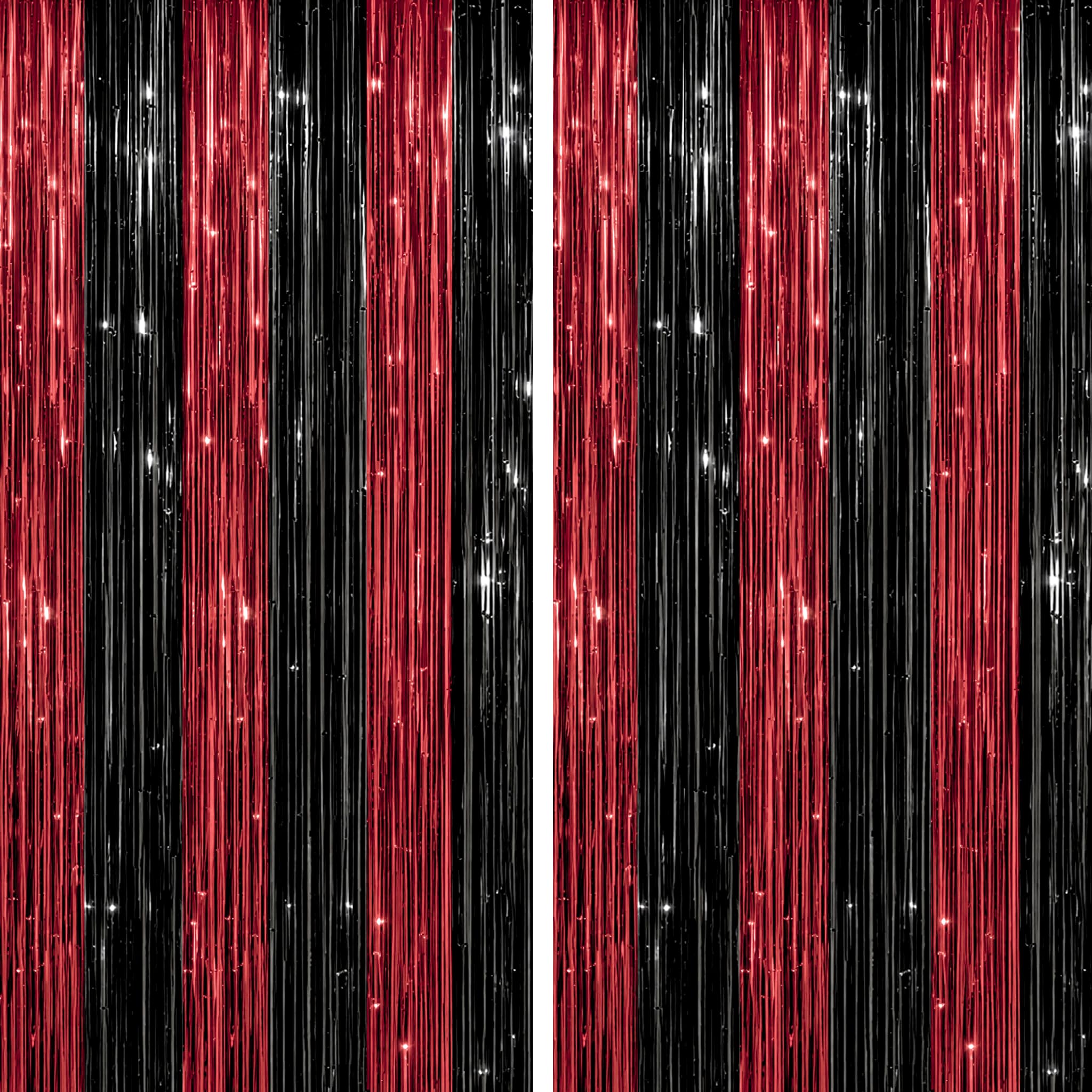 DECOCKRAT 2 Pack Foil Fringe Backdrop - Red&Black Shiny Tinsel Curtains for Part