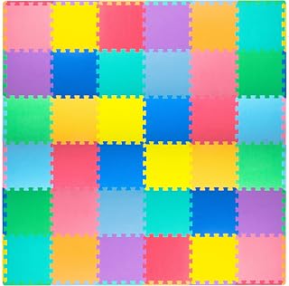 ProSource Play Mat, Soft Foam Floor Tiles for Kids, Interlocking EVA Panels for Playpen Use, Crawling Development Surface, Safe Non-Toxic Toddler Flooring, 36 Tiles, Multicolor