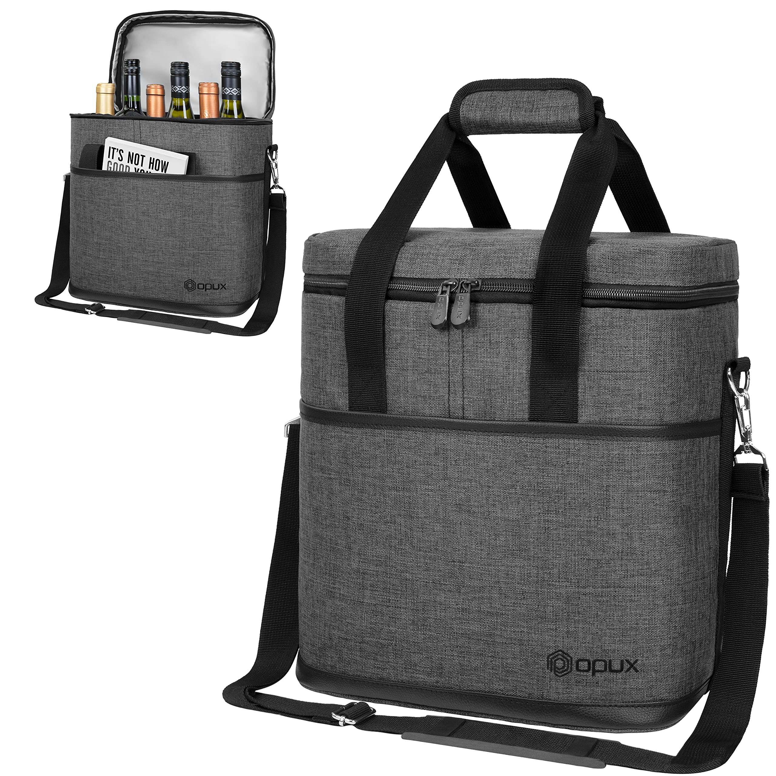 opux Insulated Wine Cooler Bag, Leakproof 6 Bottle Tote Carrier, Charcoal