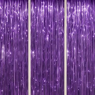 DECOCKRAT 3 Pack Foil Fringe Backdrop - Purple Shiny Tinsel Curtains for Party Decoration/Photo Booth Props - 3.3x8.2 FT Metallic Foil Backdrop for Birthday, Wedding, Graduation, Christmas.