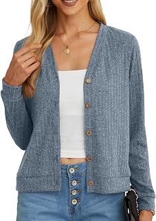 GRECERELLE Women Short Cardigan Summer Long Sleeve V Neck Button Down Knitted Lightweight Outerwear Shawl Bolero Cardigan for Women