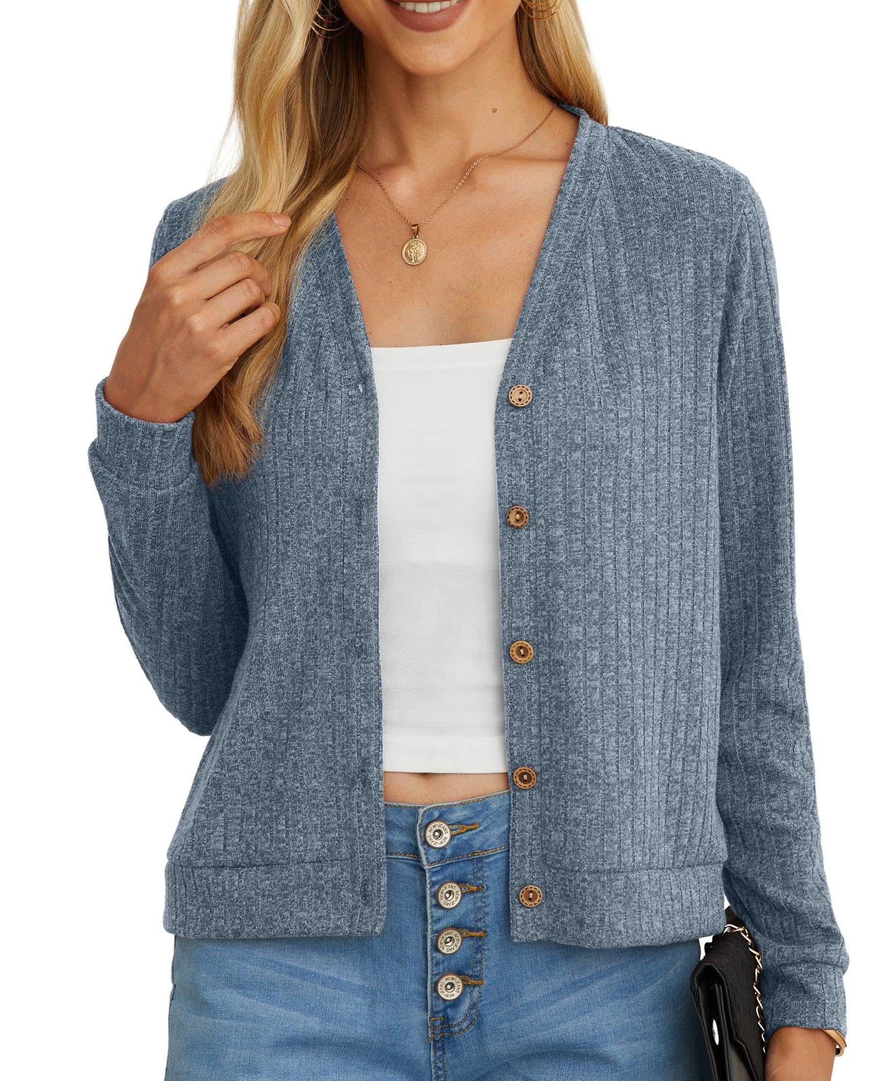 GRECERELLE Women Short Cardigan Summer Long Sleeve V Neck Button Down Knitted Li