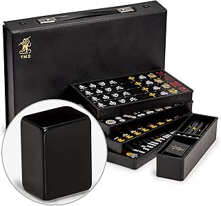 YMI Japanese Riichi Mahjong Set, Black Tiles | Japanese Riichi Mahjong set, 144 black tiles, 4 trays, dice, scoring sticks, east wind tile, vinyl case, weighs 2.5 kg.